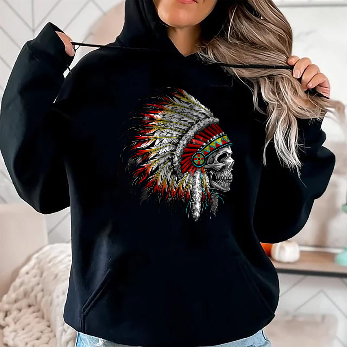 Native American T-Shirts, Vintage Native American Unisex T-Shirt/Hoodie/Sweatshirt HLT00 - Native American Indian Chief Skull Motorcycle Headdress
