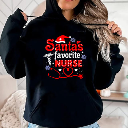 Funny Nurse Shirt, Nurse Unisex T-Shirt/Hoodie/Sweatshirt HLT00 - Santa's Favorite Nurse Christmas Short Sleeve T-Shirt