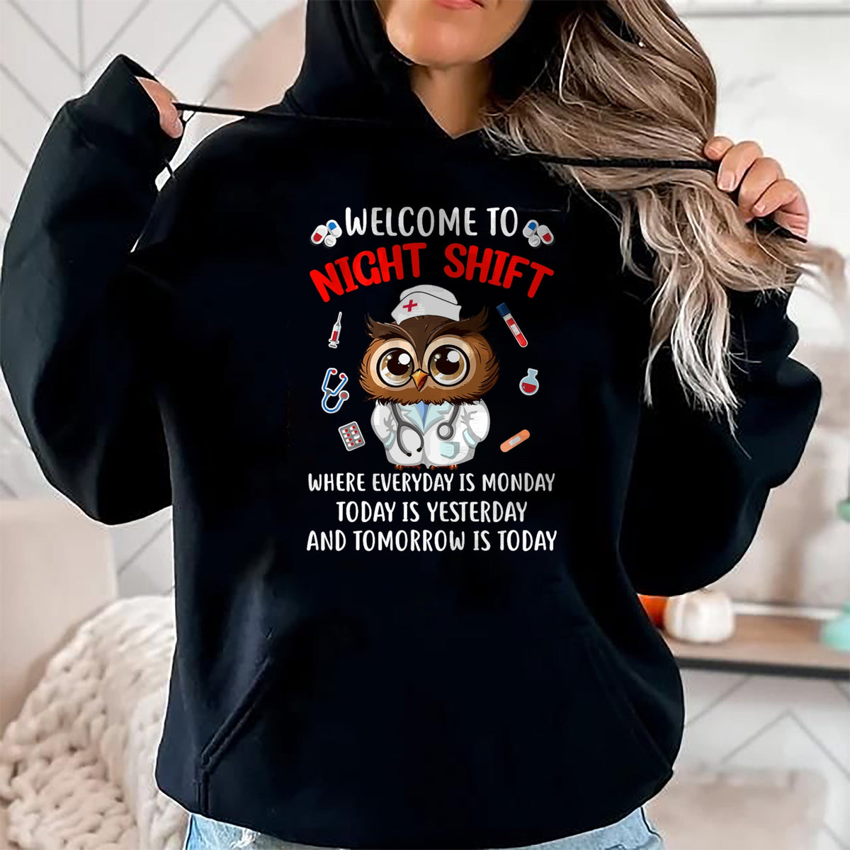 Funny Nurse Shirt, Nurse Unisex T-Shirt/Hoodie/Sweatshirt HLT00 - Owl Night Shift Funny Nurse Nursing Rn Lpn Cna For Men Women T-Shirt