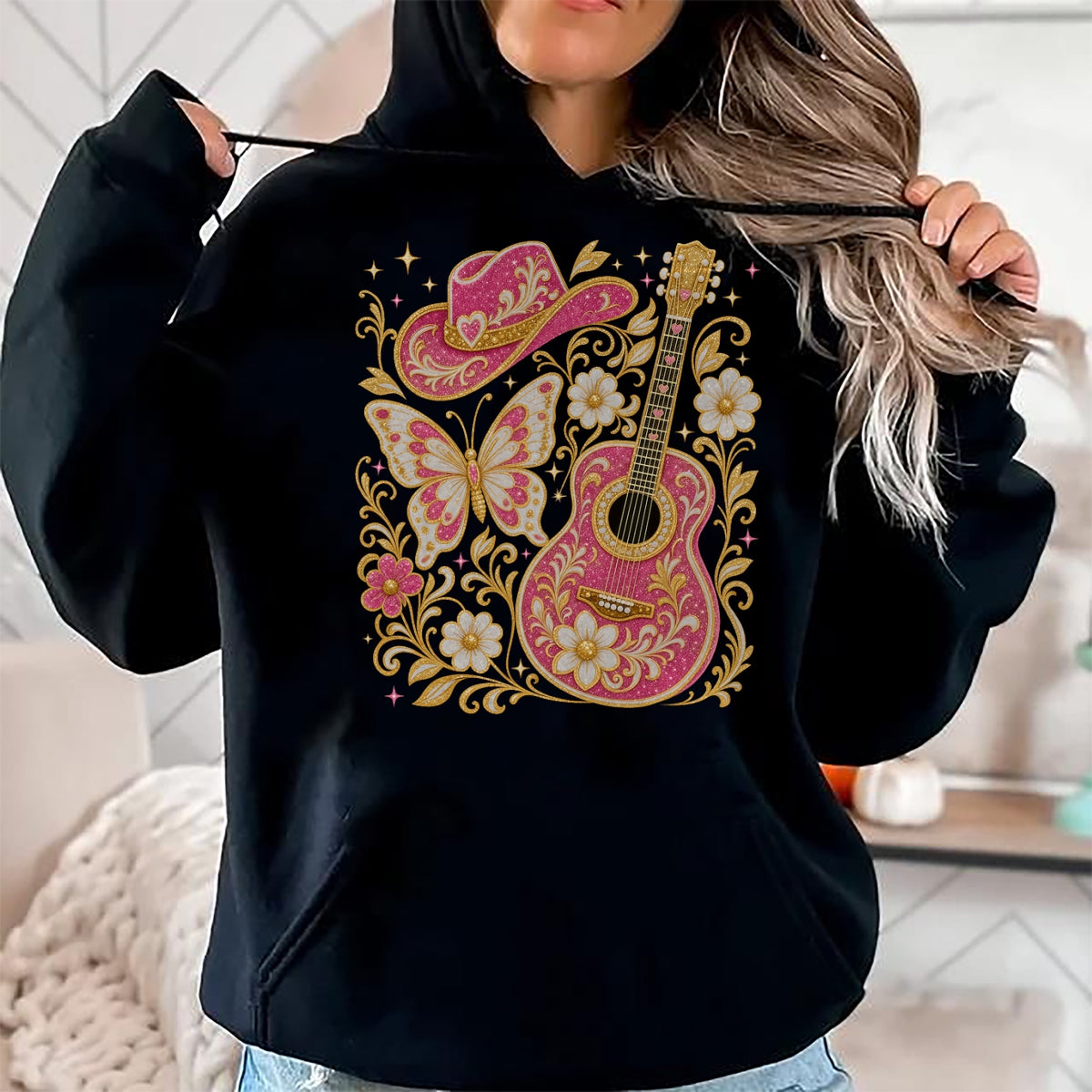 Guitar Lover Shirt, Funny Guitar UnisexT-Shirt/Hoodie/Sweatshirt HLT00 - Western Country Southern Rodeo Cowgirl Guitar Butterfly T-Shirt