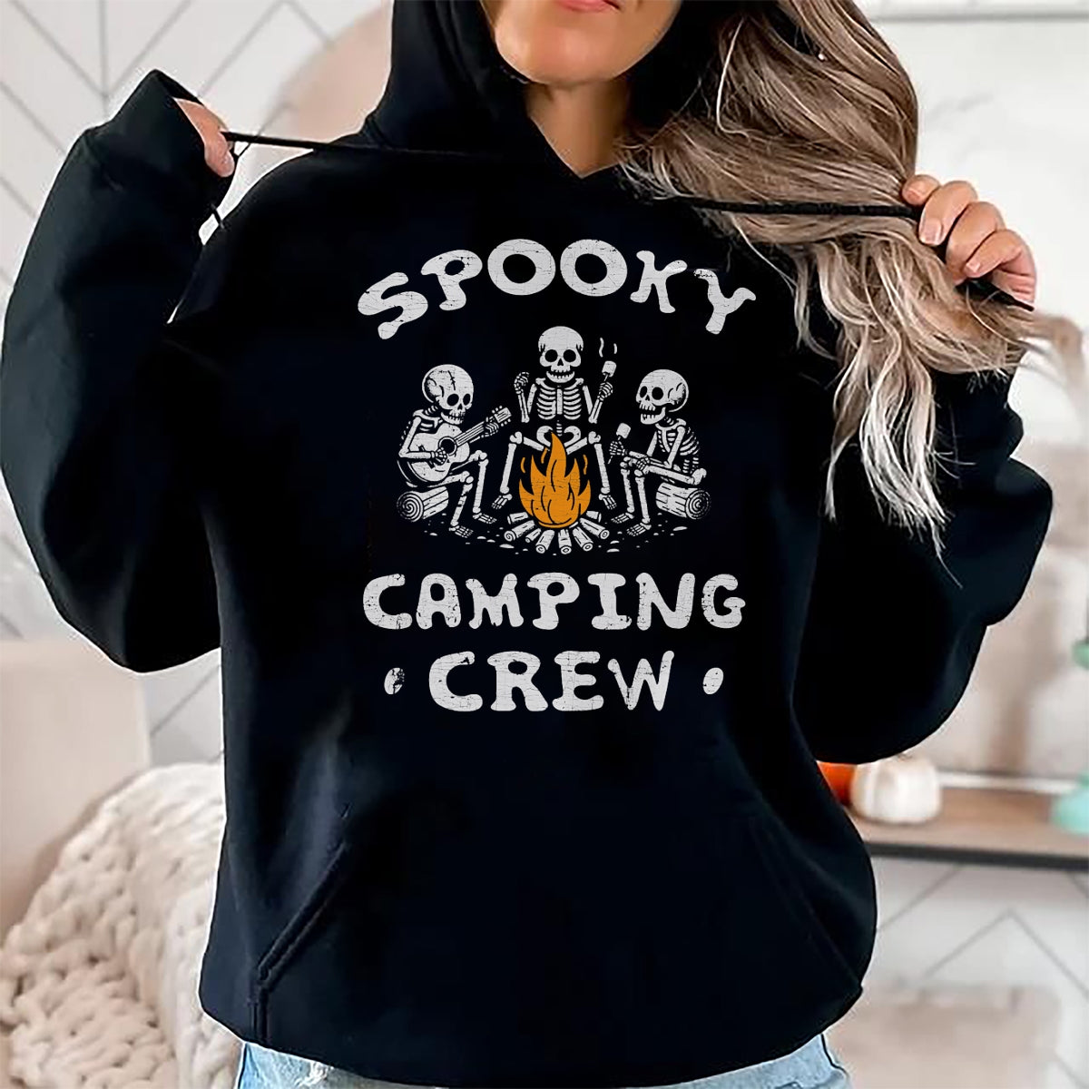 Funny Camping Shirt, Gift For Camping Lover Unisex T-Shirt/Hoodie/Sweatshirt HLT00 - Spooky Camping Crew Halloween Camping Skeleton Campsite T-Shirt