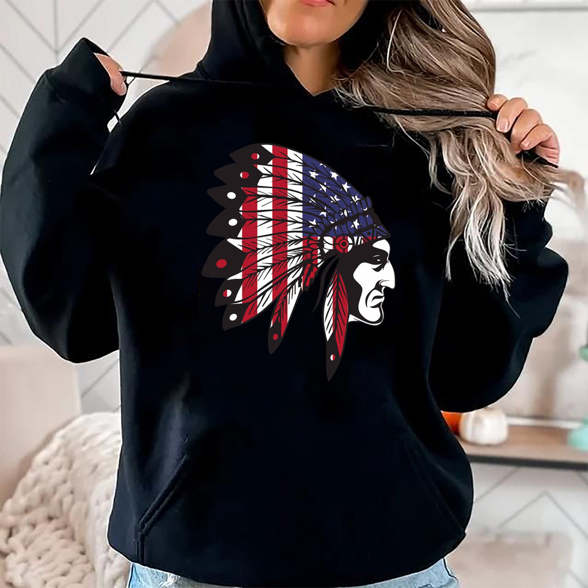 Native American T-Shirts, Vintage Native American Unisex T-Shirt/Hoodie/Sweatshirt HLT00 - Native American Indian Chief American USA Flag 4th Of July