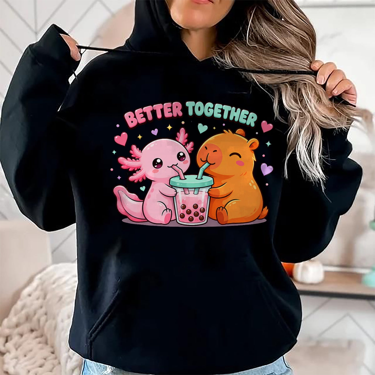 Cute Capybara Shirt, Funny Capybara Unisex T-Shirt/Hoodie/Sweatshirt HLT00 - Cute Capybara and Axolotl Bubble Tea Boba Girls Kawaii Anime T-Shirt (2)