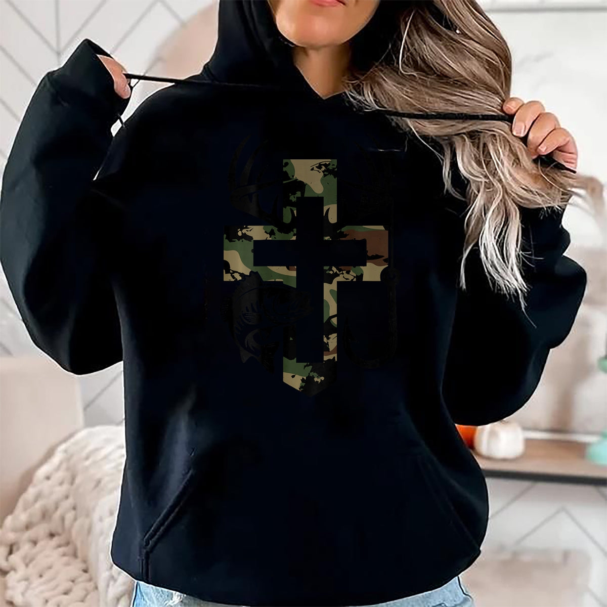 Funny Hunting Shirt, Gift For Hunting Lover Unisex T-Shirt/Hoodie/Sweatshirt HLT00 - Youth Camo Faith Hunting Fishing Cross Hook Christian Jesus T-Shirt