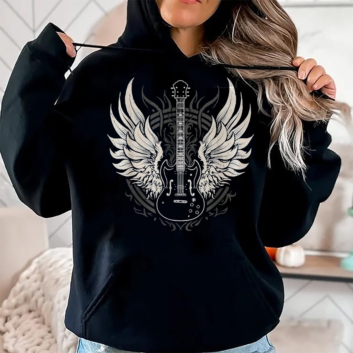 Guitar Lover Shirt, Funny Guitar UnisexT-Shirt/Hoodie/Sweatshirt HLT00 - Guitar Wings Vintage Retro 80s Rock & Roll Music T-Shirt, Women, Black, Medium