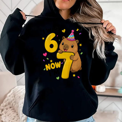Cute Capybara Shirt, Funny Capybara Unisex T-Shirt/Hoodie/Sweatshirt HLT00 - I was 6 Now Im 7 Capybara 7th Birthday Party Cute 67 T-Shirt