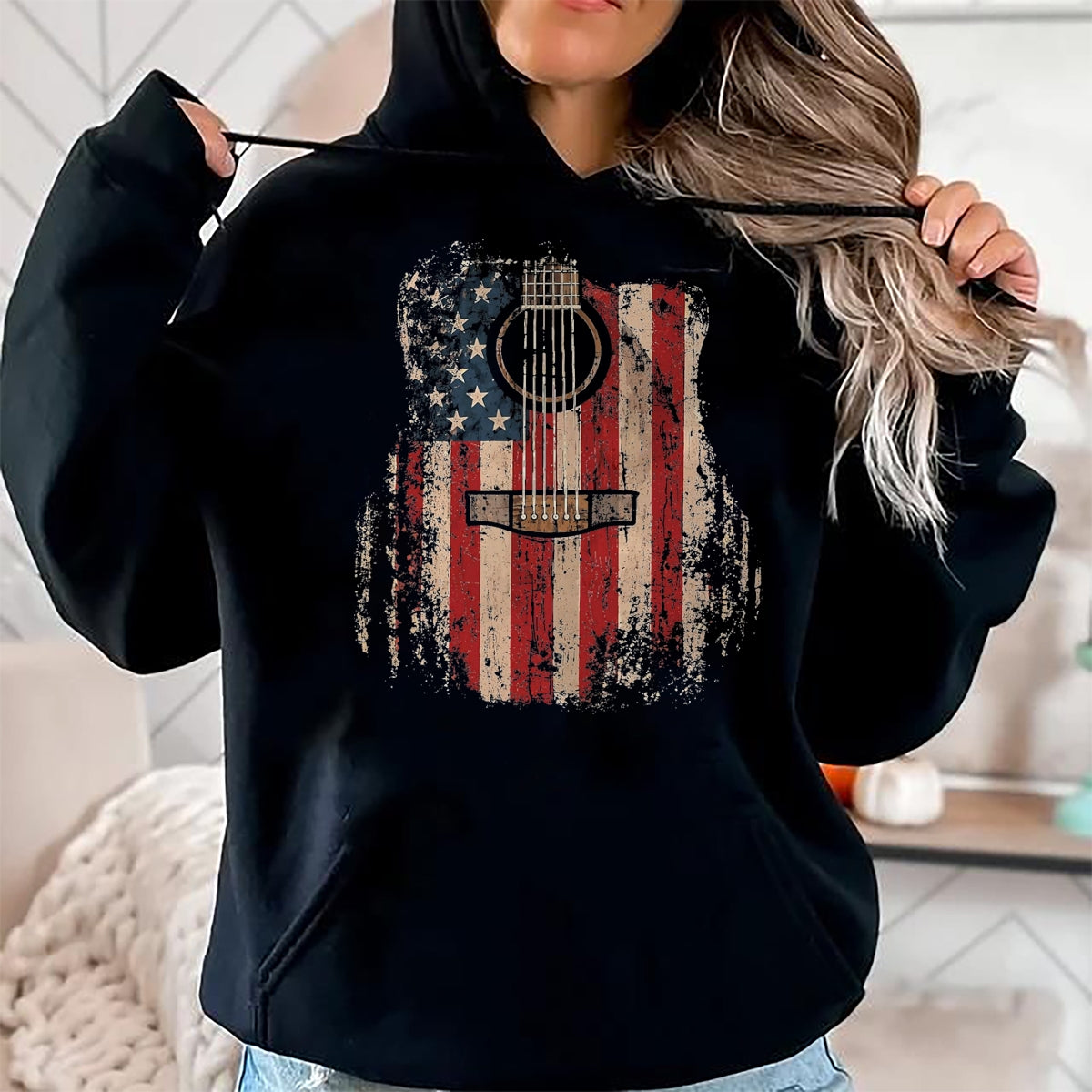 Guitar Lover Shirt, Funny Guitar UnisexT-Shirt/Hoodie/Sweatshirt HLT00 - Vintage USA American Flag Guitar Player Musician Guitarist T-Shirt, Men, Black, 3X-Large