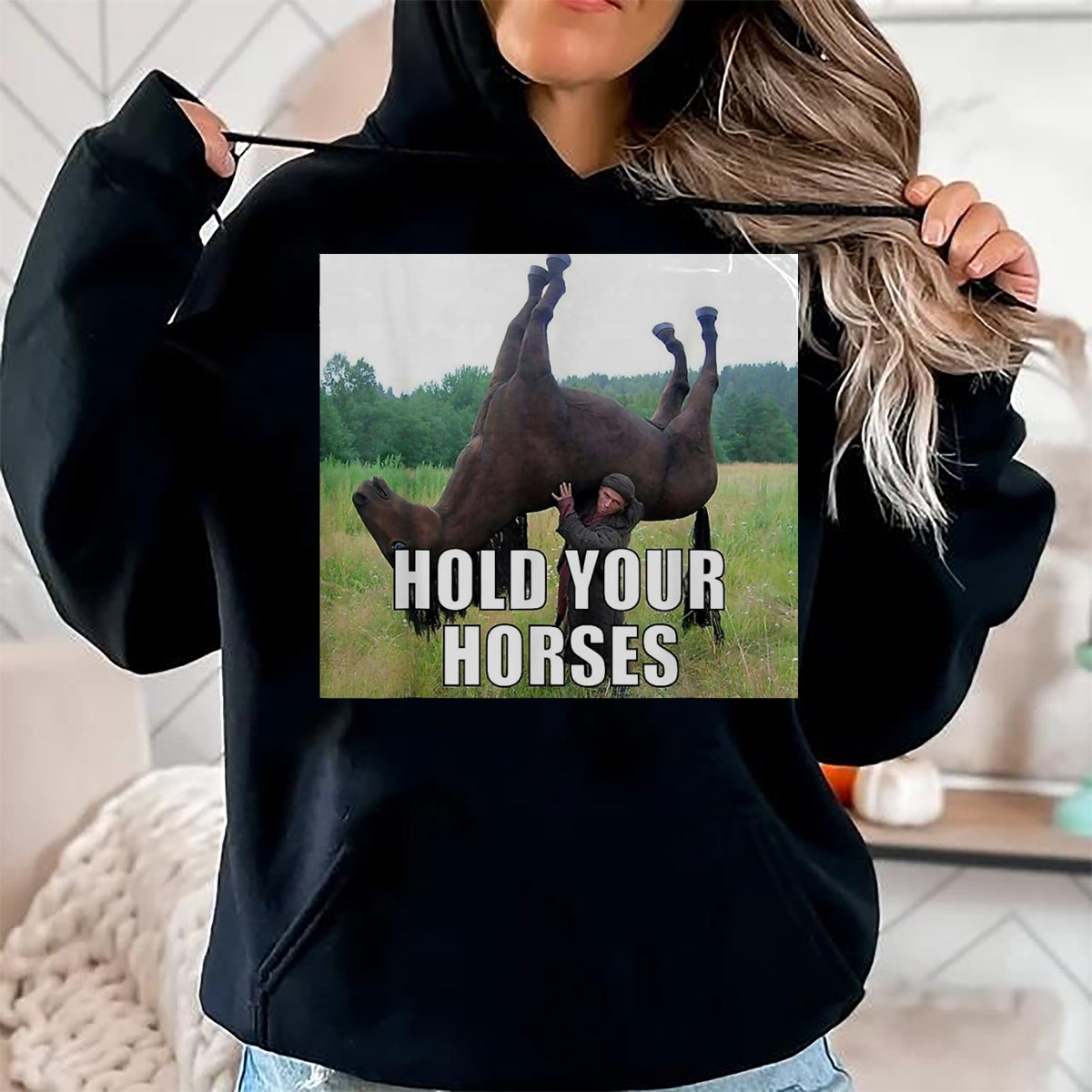 Best Horse Lover Shirt , Funny Horse UnisexT-Shirt/Hoodie/Sweatshirt HLT00 - Hold Your Horses Funny Meme T-Shirt, Youth, Black, Large