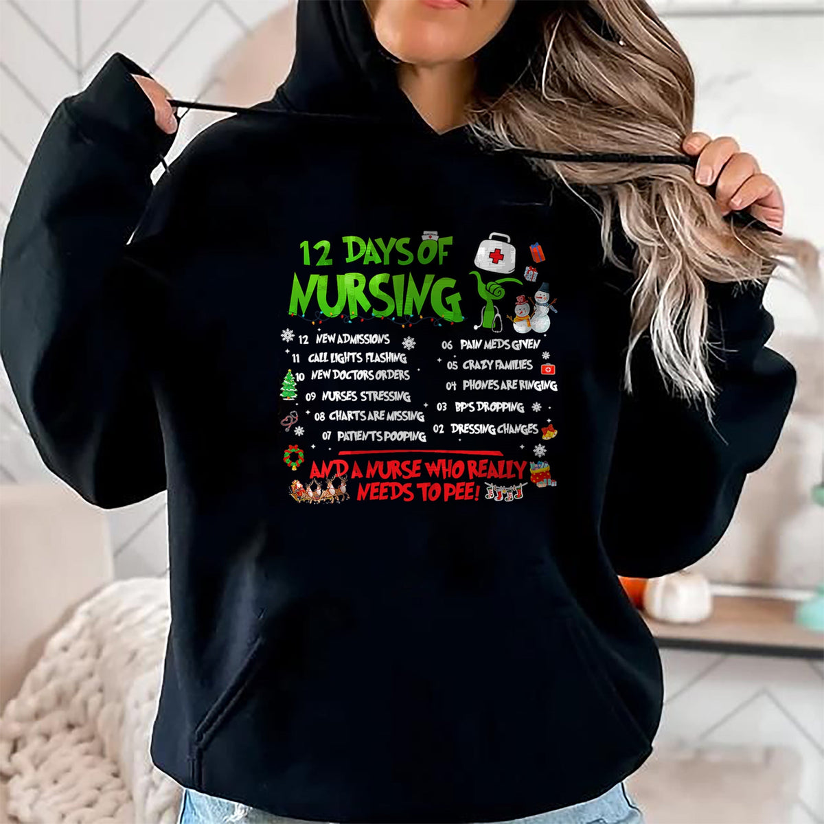 Funny Nurse Shirt, Nurse Unisex T-Shirt/Hoodie/Sweatshirt HLT00 - Nurses Merry Christmas Funny 12 Days of Nursing Xmas Pajamas T-Shirt