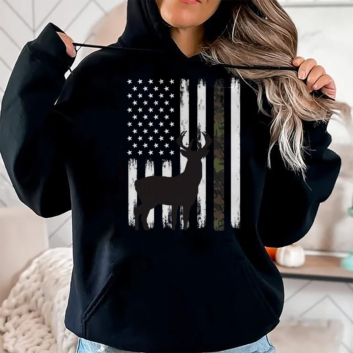 Funny Hunting Shirt, Gift For Hunting Lover Unisex T-Shirt/Hoodie/Sweatshirt HLT00 - Whitetail Deer Hunting Hunter Buck Camo American Flag USA T-Shirt