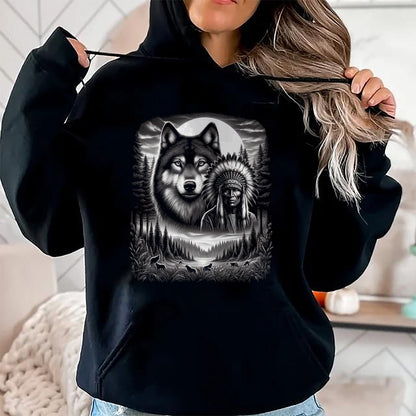 Native American T-Shirts, Vintage Native American Unisex T-Shirt/Hoodie/Sweatshirt HLT00 - Native American Indian and Wolf Feathers Chief Art T-Shirt (1)