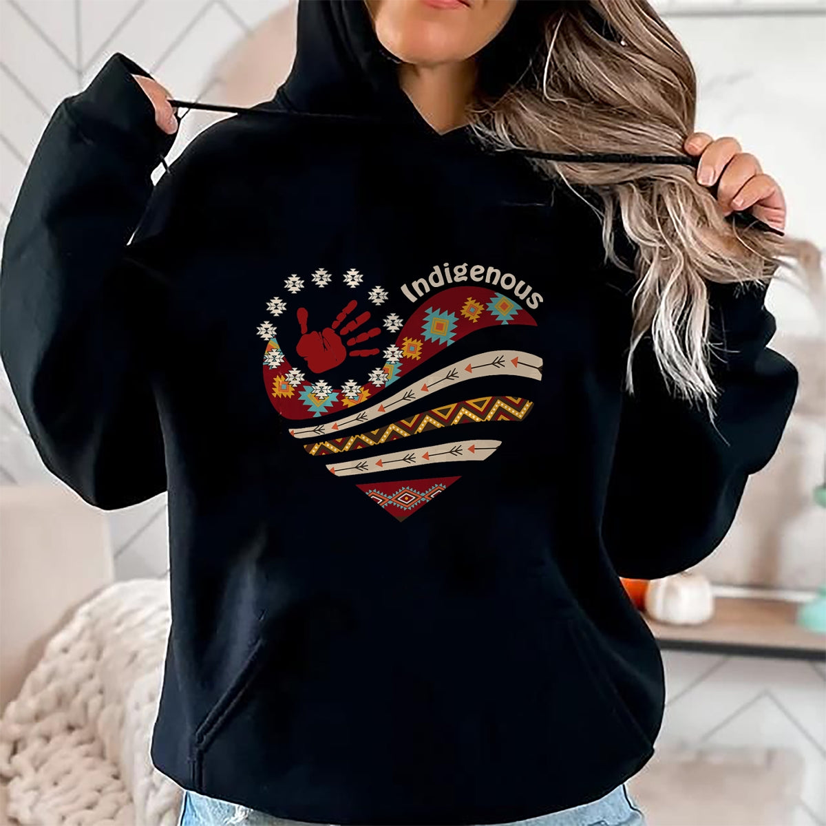Native American T-Shirts, Vintage Native American Unisex T-Shirt/Hoodie/Sweatshirt HLT00 - Indigenous Native American Blood Red Hand Heart Shape Womens T-Shirt