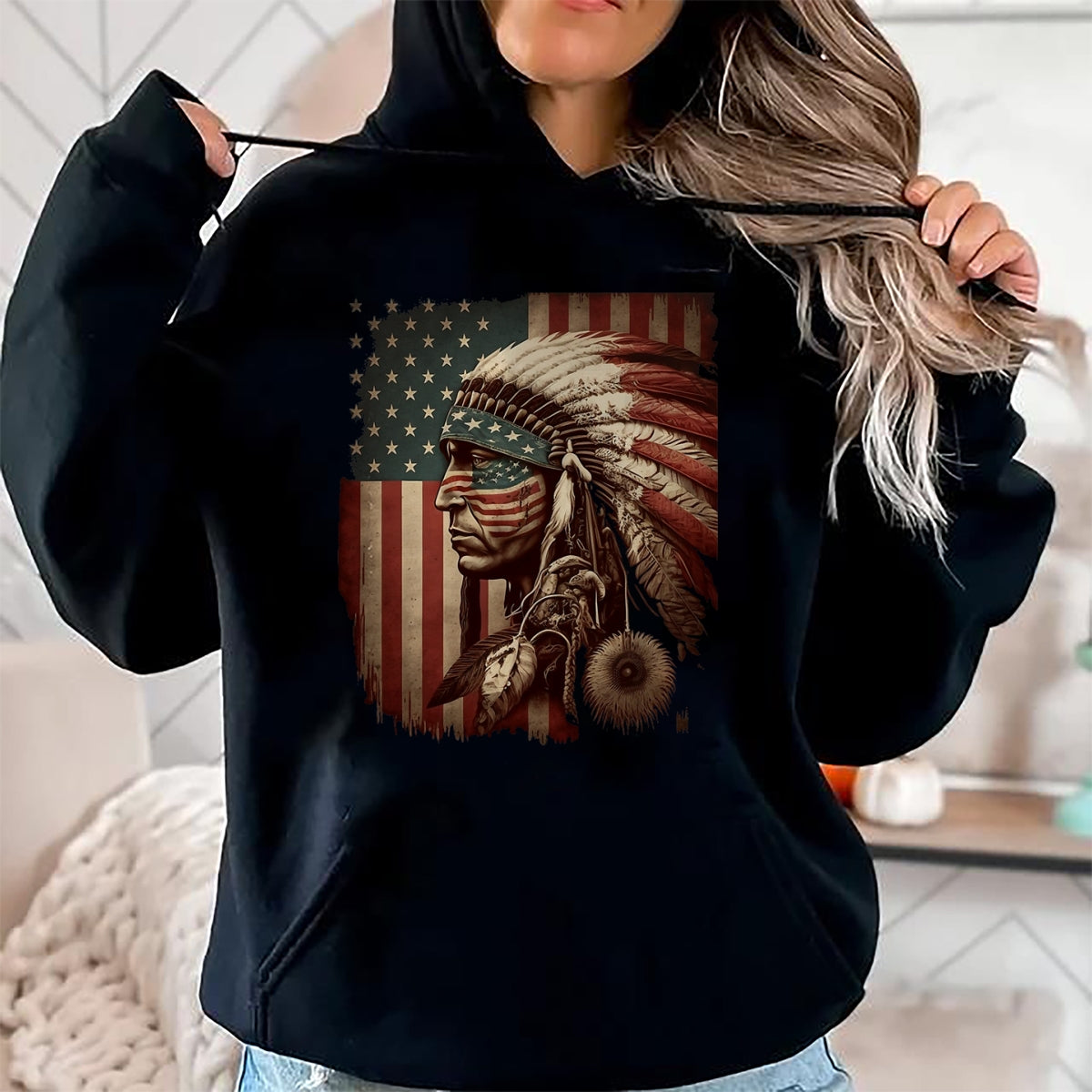 Native American T-Shirts, Vintage Native American Unisex T-Shirt/Hoodie/Sweatshirt HLT00 - Native American Indian Chief American USA Flag T-Shirt (1)