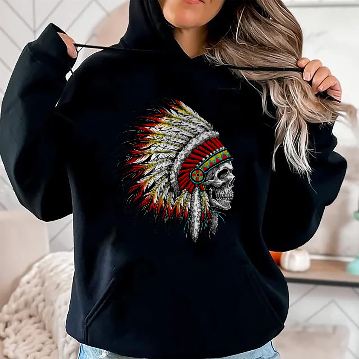Native American T-Shirts, Vintage Native American Unisex T-Shirt/Hoodie/Sweatshirt HLT00 - Native American Indian Chief Skull Motorcycle Headdress T-Shirt (1)