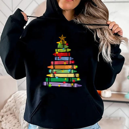 Christmas Shirts for Family, Funny christmas shirts, Christmas Unisex T-Shirt/Hoodie/Sweatshirt HLT00 - Teacher Christmas Tshirt Crayon Tree Light Gifts Student Long Sleeve T-Shirt