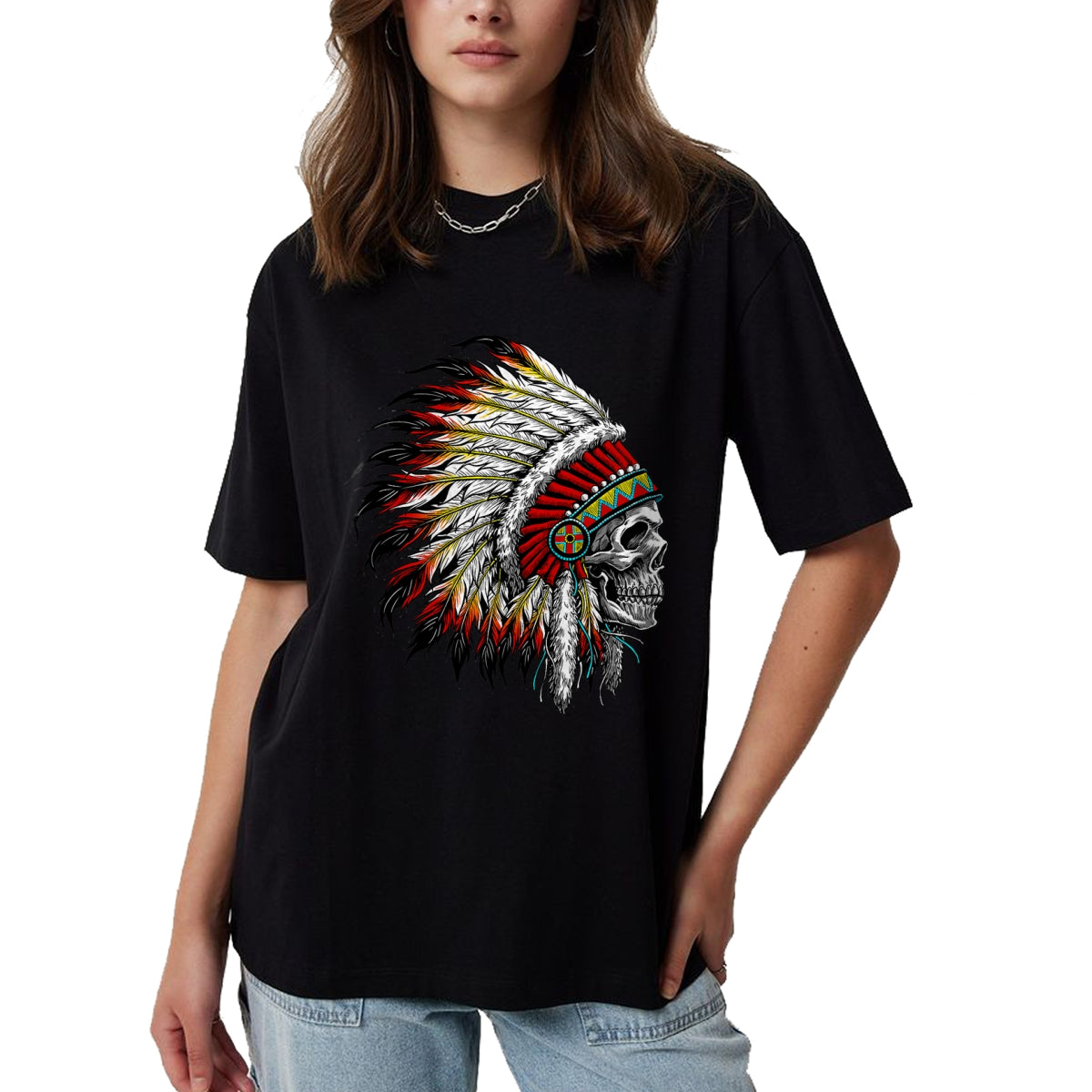 Native American T-Shirts, Vintage Native American Unisex T-Shirt/Hoodie/Sweatshirt HLT00 - Native American Indian Chief Skull Motorcycle Headdress T-Shirt (2)