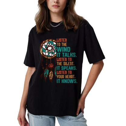 Native American T-Shirts, Vintage Native American Unisex T-Shirt/Hoodie/Sweatshirt HLT00 - Listen To The Wind It Talks Fun Native American Day Graphic Long Sleeve T-Shirt (1)
