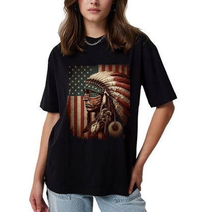 Native American T-Shirts, Vintage Native American Unisex T-Shirt/Hoodie/Sweatshirt HLT00 - Native American Indian Chief American USA Flag T-Shirt (1)
