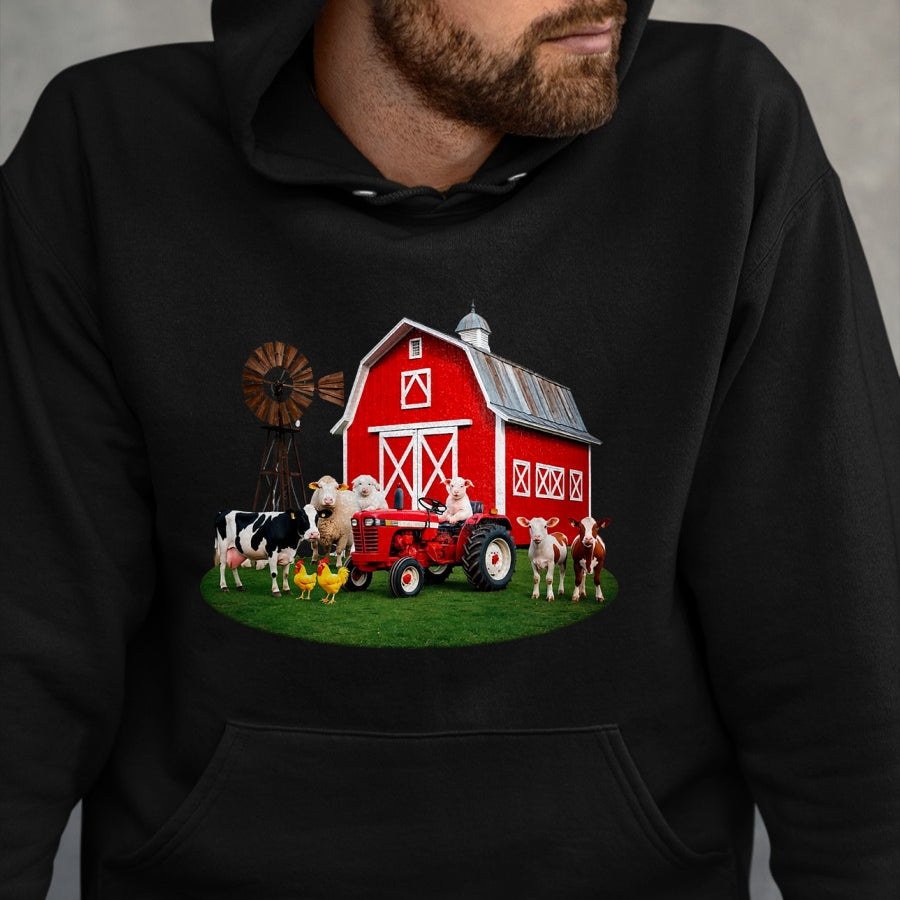 Best Farmer Life Shirt, Funny Farmer UnisexT-Shirt/Hoodie/Sweatshirt HLT00 - Red Barn Tractor with Farm Animals Country Living T-Shirt