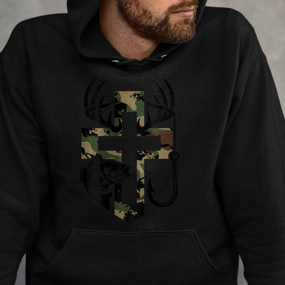 Funny Hunting Shirt, Gift For Hunting Lover Unisex T-Shirt/Hoodie/Sweatshirt HLT00 - Youth Camo Faith Hunting Fishing Cross Hook Christian Jesus T-Shirt