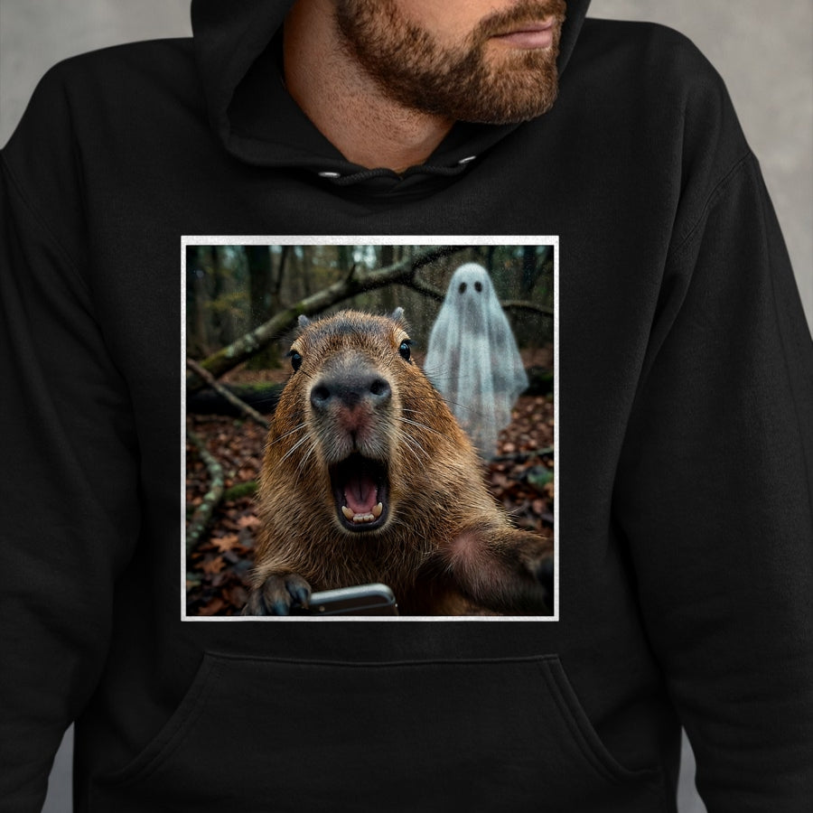 Cute Capybara Shirt, Funny Capybara Unisex T-Shirt/Hoodie/Sweatshirt HLT00 - Funny Capybara Ghost Selfie Photo Capy Meme Tee Kawaii T-Shirt