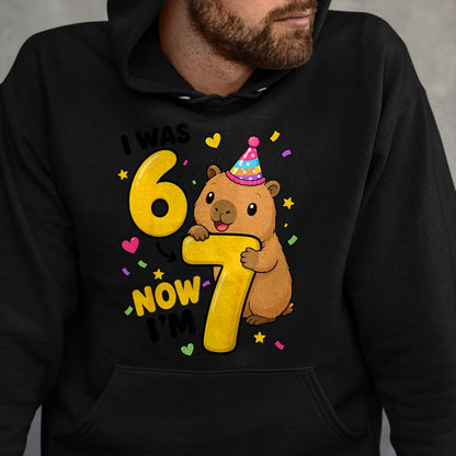 Cute Capybara Shirt, Funny Capybara Unisex T-Shirt/Hoodie/Sweatshirt HLT00 - I was 6 Now Im 7 Capybara 7th Birthday Party Cute 67 T-Shirt