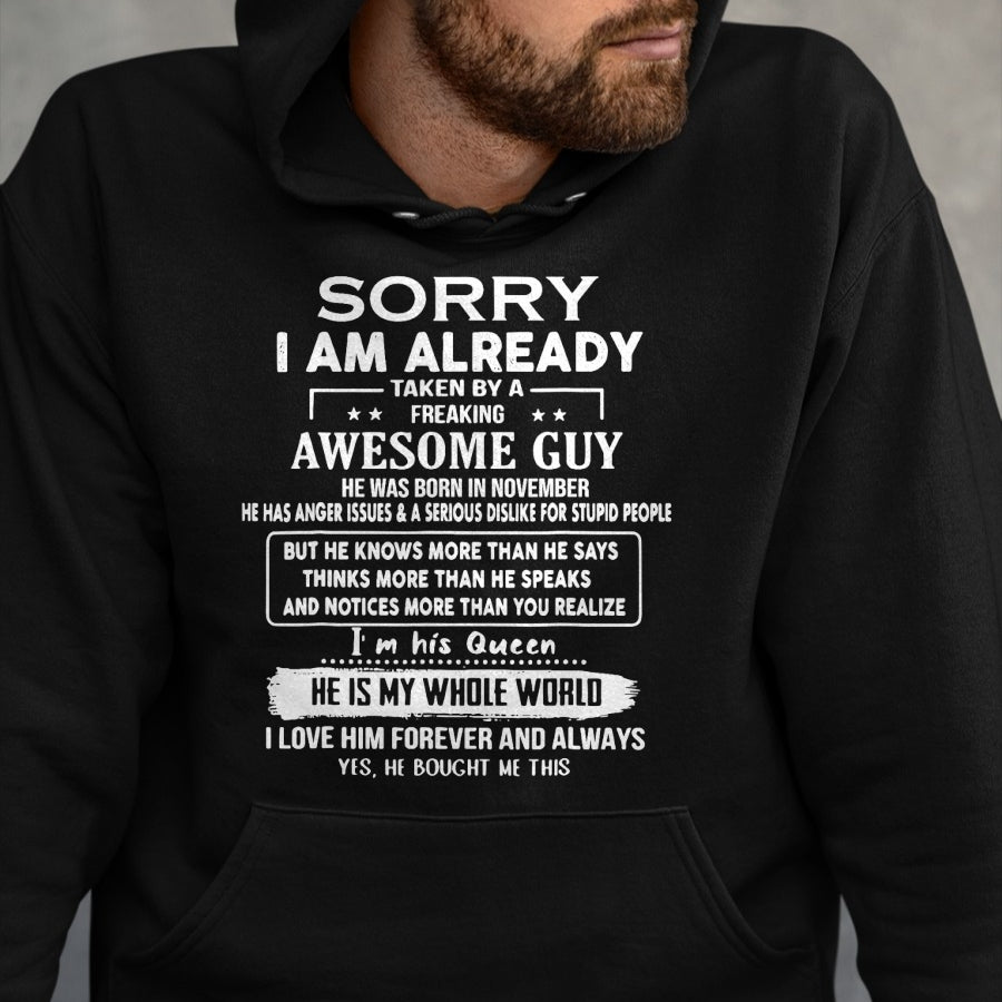 Best Wife Shirt, Wife and Husband Unisex T-Shirt/Hoodie/Sweatshirt HLT00 - Sorry I Am Already Taken By A Freaking Awesome Guy November T-Shirt (1)