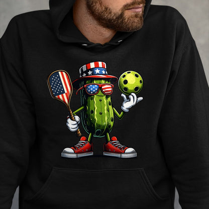 Funny Pickleball Shirt, Pickleball Lover Unisex T-Shirt/Hoodie/Sweatshirt HLT00 - 4th of July Patriotic Pickle Playing pickleball Paddle T-Shirt