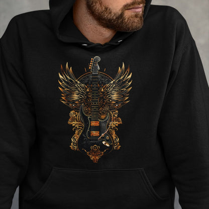 Guitar Lover Shirt, Funny Guitar UnisexT-Shirt/Hoodie/Sweatshirt HLT00 - Electric Guitar Graphic with Fiery Winged Silhouette in Blac T-Shirt