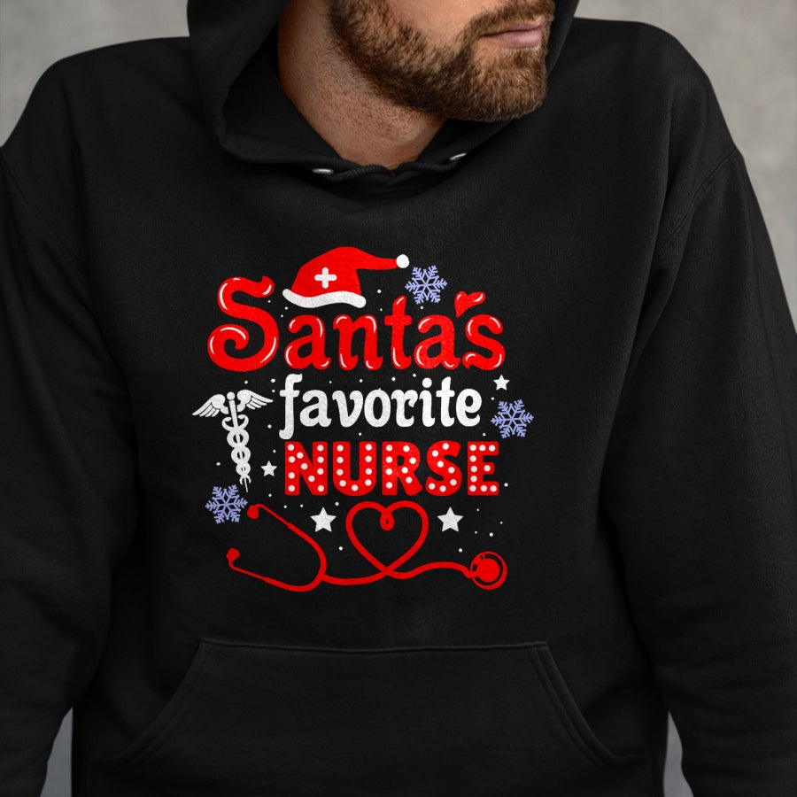 Funny Nurse Shirt, Nurse Unisex T-Shirt/Hoodie/Sweatshirt HLT00 - Santa's Favorite Nurse Christmas Short Sleeve T-Shirt (1)