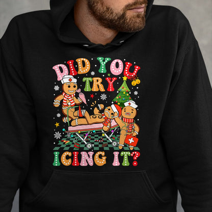 Funny Nurse Shirt, Nurse Unisex T-Shirt/Hoodie/Sweatshirt HLT00 - Retro ICU Nurse Christmas Gingerbread Did You Try Icing It T-Shirt (1)