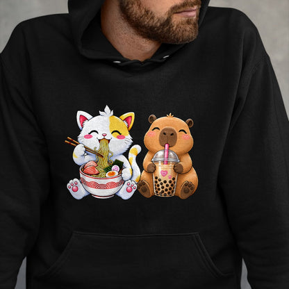 Cute Capybara Shirt, Funny Capybara Unisex T-Shirt/Hoodie/Sweatshirt HLT00 - Cute Cat Capybara Ramen Boba Kawaii Anime Noodle Bubble Tea T-Shirt