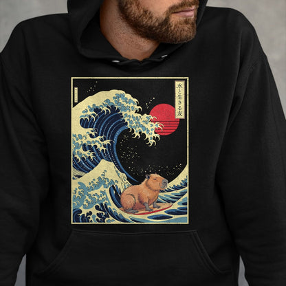 Cute Capybara Shirt, Funny Capybara Unisex T-Shirt/Hoodie/Sweatshirt HLT00 - Surfing Capybara Retro Kawaii T-Shirt