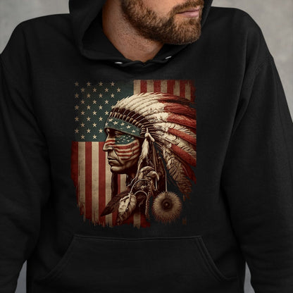 Native American T-Shirts, Vintage Native American Unisex T-Shirt/Hoodie/Sweatshirt HLT00 - Native American Indian Chief American USA Flag (1)