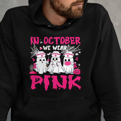 Funny Nurse Shirt, Nurse Unisex T-Shirt/Hoodie/Sweatshirt HLT00 - In October We Wear Pink Nurse Ghost Halloween Breast Cancer T-Shirt