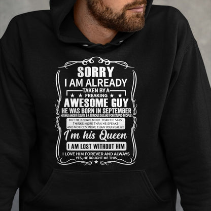 Best Wife Shirt, Wife and Husband Unisex T-Shirt/Hoodie/Sweatshirt HLT00 - I Am Already Taken By Freaking Awesome Guy Born in September T-Shirt