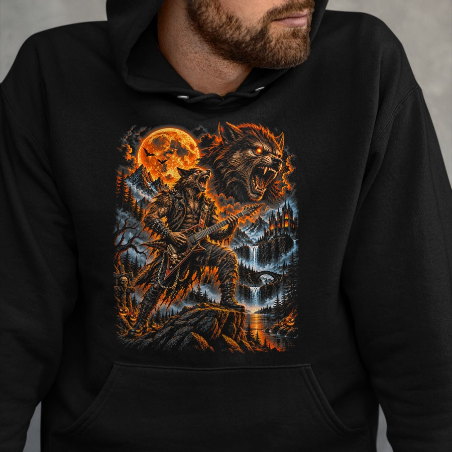Guitar Lover Shirt, Funny Guitar UnisexT-Shirt/Hoodie/Sweatshirt HLT00 - Werewolf Howling Moon Men Women Playing Guitar Halloween T-Shirt