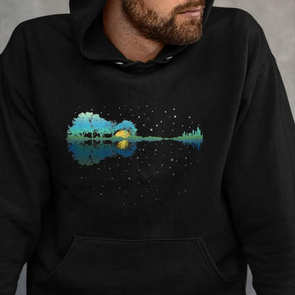 Guitar Lover Shirt, Funny Guitar UnisexT-Shirt/Hoodie/Sweatshirt HLT00 - Guitar Lake Reflections Night Sky and Moon Guitar T-Shirt, Men, Black, 3X-Large