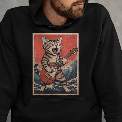 Guitar Lover Shirt, Funny Guitar UnisexT-Shirt/Hoodie/Sweatshirt HLT00 - Cat Playing Guitar Men Women Distressed Rock and Roll T-Shirt, Men, Black, Large