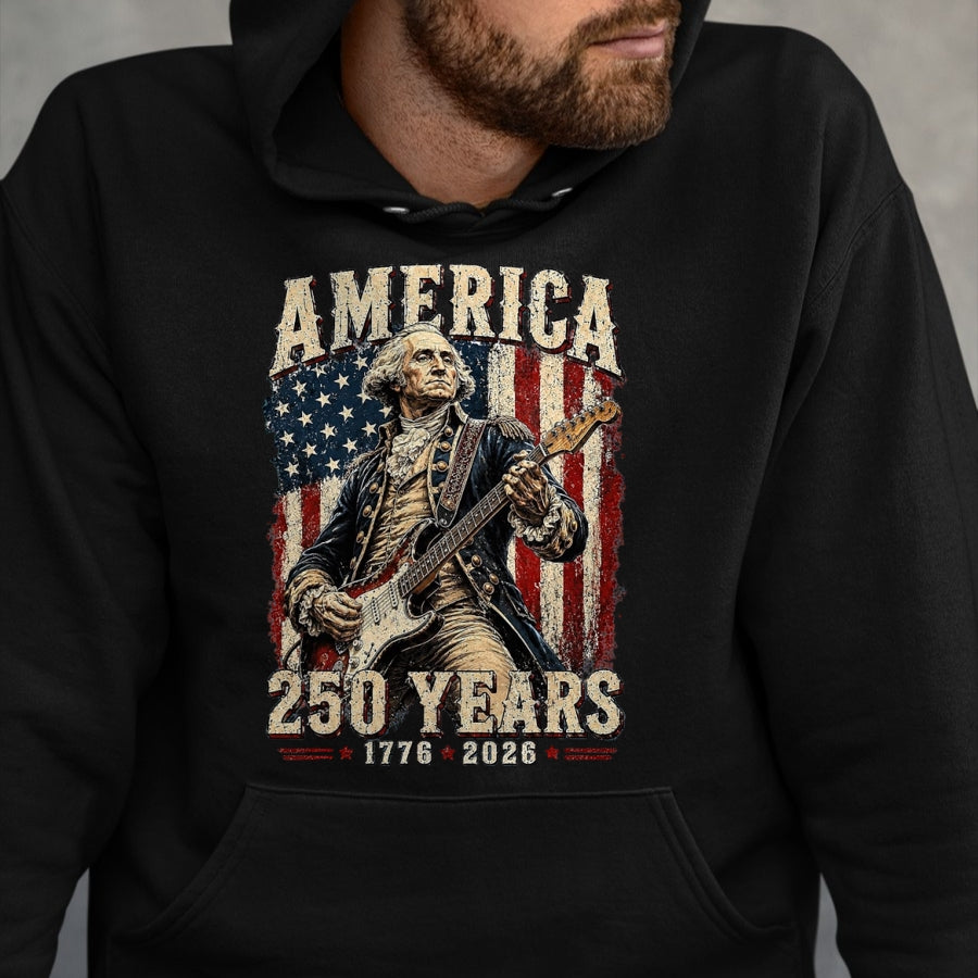 Guitar Lover Shirt, Funny Guitar UnisexT-Shirt/Hoodie/Sweatshirt HLT00 - Vintage George Washington Playing Guitar 250 Years America T-Shirt, Men, Black, 3X-Large