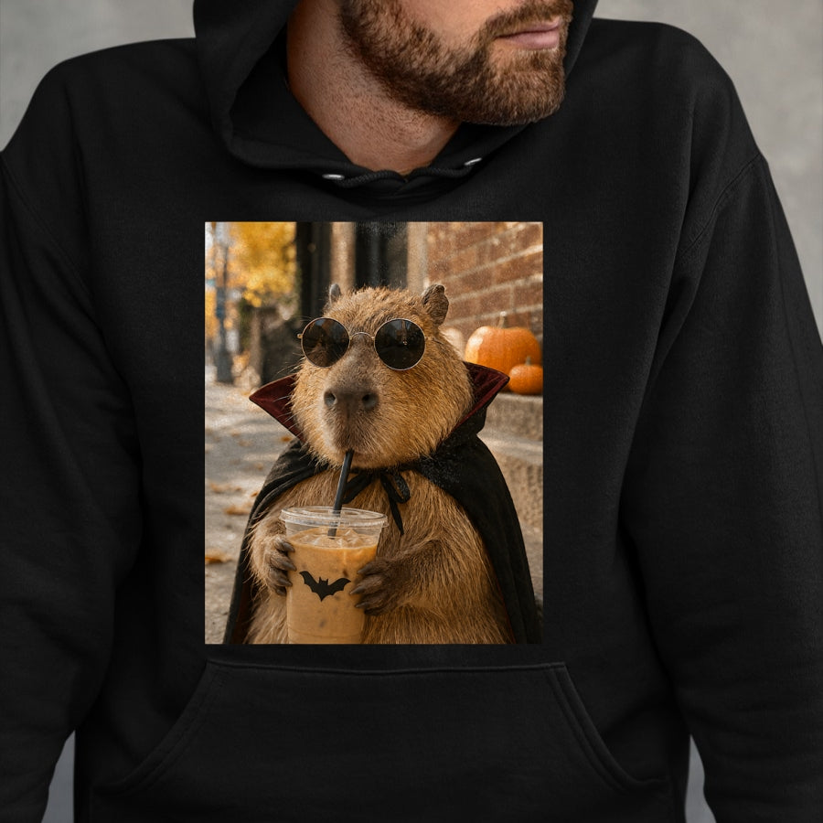 Cute Capybara Shirt, Funny Capybara Unisex T-Shirt/Hoodie/Sweatshirt HLT00 - Capybara Vampire Drinking Iced Coffee Halloween Funny Meme T-Shirt