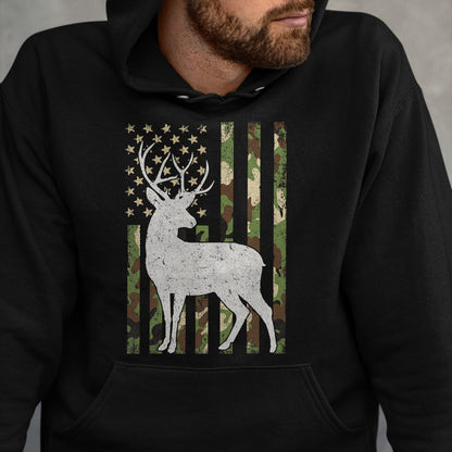 Funny Hunting Shirt, Gift For Hunting Lover Unisex T-Shirt/Hoodie/Sweatshirt HLT00 - Whitetail Buck Deer Hunting Camouflage USA Flag 4th of July T-Shirt