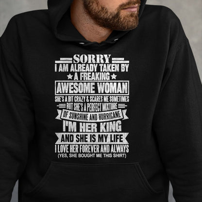 Best Wife Shirt, Wife and Husband Unisex T-Shirt/Hoodie/Sweatshirt HLT00 - Sorry I'm Taken by a Freaking Awesome Woman Funny Husband T-Shirt (1)
