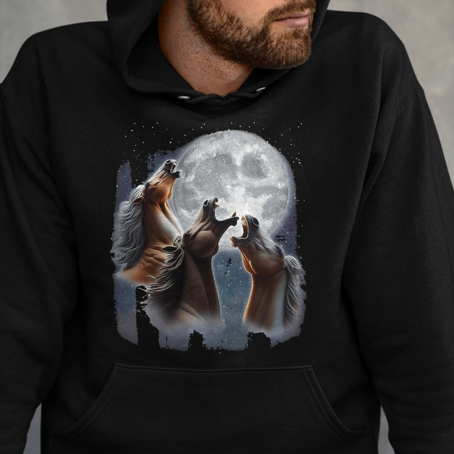 Best Horse Lover Shirt , Funny Horse UnisexT-Shirt/Hoodie/Sweatshirt HLT00 -  3 Horses Howling At The Moon Funny Horse Lover Equestrian T-Shirt, Men, Black, 3X-Large