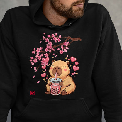 Cute Capybara Shirt, Funny Capybara Unisex T-Shirt/Hoodie/Sweatshirt HLT00 - Cute Capybara Kawaii Anime Drinking Bubble Tea Sakura Japan T-Shirt