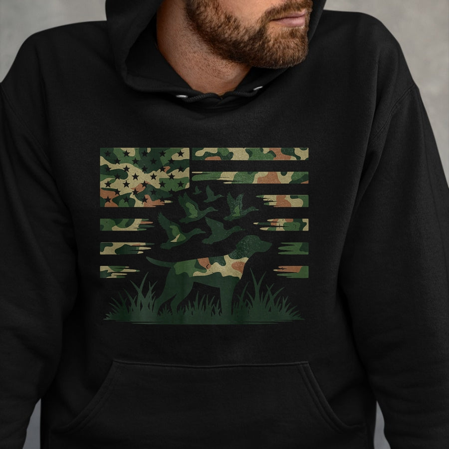 Funny Hunting Shirt, Gift For Hunting Lover Unisex T-Shirt/Hoodie/Sweatshirt HLT00 - Youth Camo Mallard Duck Hunting Dog Camouflage American Flag T-Shirt