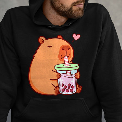 Cute Capybara Shirt, Funny Capybara Unisex T-Shirt/Hoodie/Sweatshirt HLT00 - Cute Capybara Kawaii Anime Girls Drinking Boba Tea Lover T-Shirt