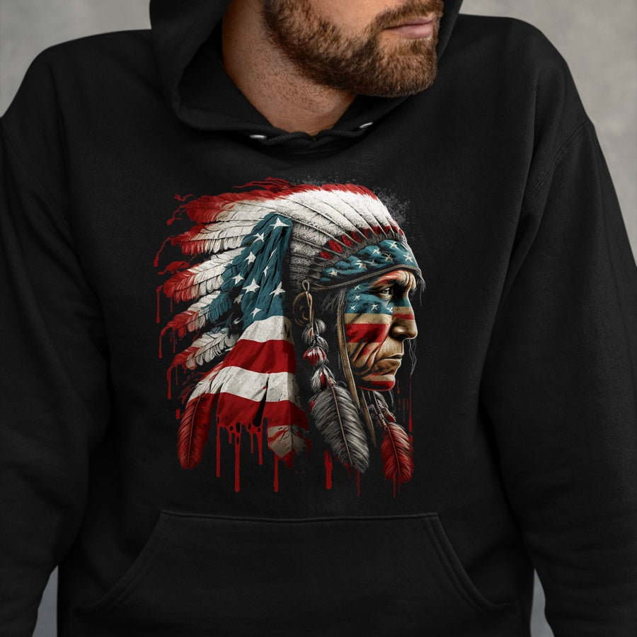 Native American T-Shirts, Vintage Native American Unisex T-Shirt/Hoodie/Sweatshirt HLT00 - Native American Indian Chief American USA Flag