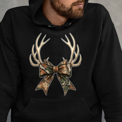 Funny Hunting Shirt, Gift For Hunting Lover Unisex T-Shirt/Hoodie/Sweatshirt HLT00 - Camo Coquette Bow Deer Antlers Hunting Women Girl Camouflage T-Shirt
