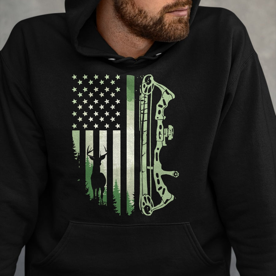 Funny Hunting Shirt, Gift For Hunting Lover Unisex T-Shirt/Hoodie/Sweatshirt HLT00 - Patriotic Bowhunting USA Flag Bow Archery Deer Hunting Wild T-Shirt